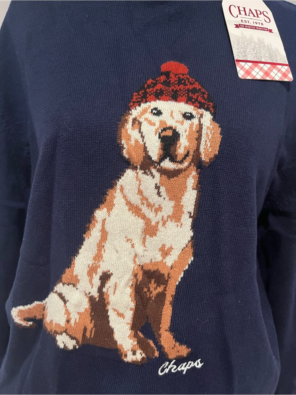 NWT Chaps Navy Sweater with Golden Dog Graphic and Red Hat - Picture 2 of 9